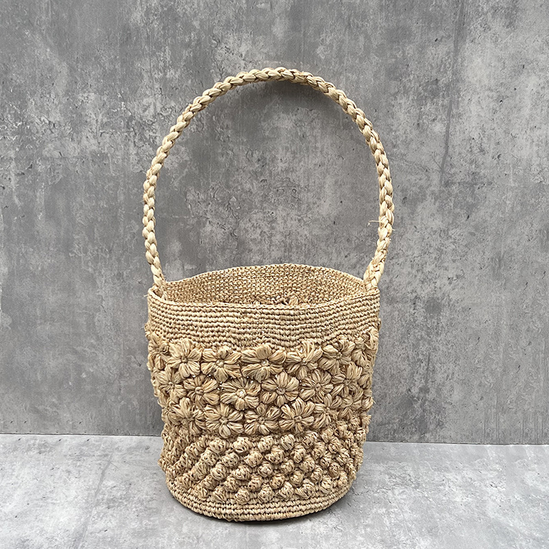 Women'S Raffia Bags - Bucket Bag Luxury Flower Straw Bag
