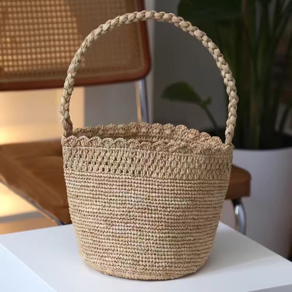 Handmade Crochet Straw Bucket  - Women'S Raffia Bags 评论和价格