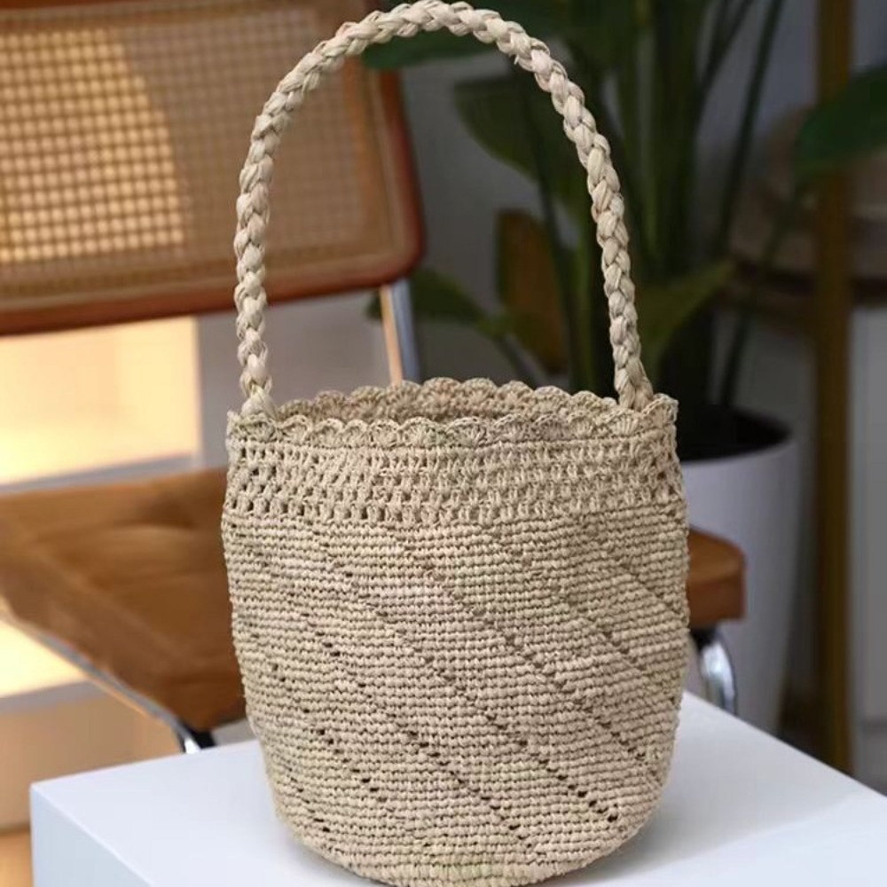 Handmade Crochet Straw Bucket  - Women'S Raffia Bags 评论和价格